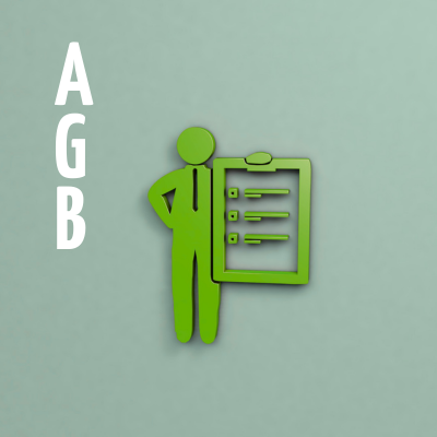 Quelle: BDKJ Freiburg Grüne Figur mit Krawatte hält ein Dokument mit Aufzählung, daneben die Buchstaben 'AGB' vertikal